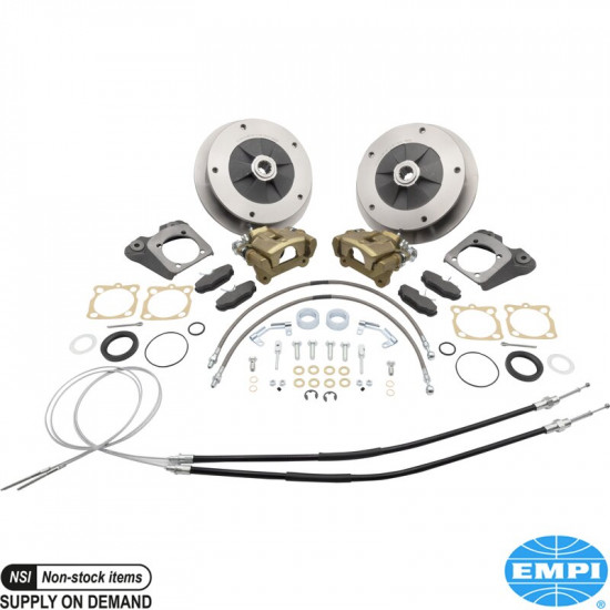 Disc brake conversion set, Upgraded Version, Zero Off-Set, rear, 5x205 mm, with emergency brake, for I.R.S. and swing axle. The kit includes all the parts you need to convert your VW to disc brakes
