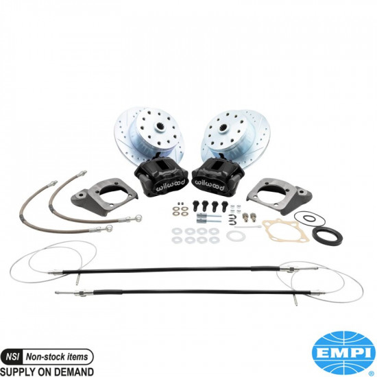 Disc brake conversion set, rear, with emergency brake, with black powder coated caliper, Wilwood. The kit includes all the parts you need to convert your VW to disc brakes