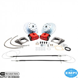 Disc brake conversion set, rear, with emergency brake, with red powder coated caliper, Wilwood. The kit includes all the parts you need to convert your VW to disc brakes