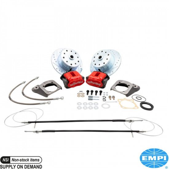 Disc brake conversion set, rear, with emergency brake, with red powder coated caliper, Wilwood. The kit includes all the parts you need to convert your VW to disc brakes