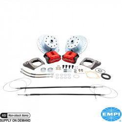 Disc brake conversion set, rear, with emergency brake, with red powder coated caliper, Wilwood. The kit includes all the parts you need to convert your VW to disc brakes