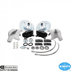 Disc brake conversion set, front, with drop spindle, with black powder coated 4 piston caliper, double drilled, 5x130 with 14x1,5 mm threads and 5x4 3/4" with 12x1,5 mm threads, Wilwood