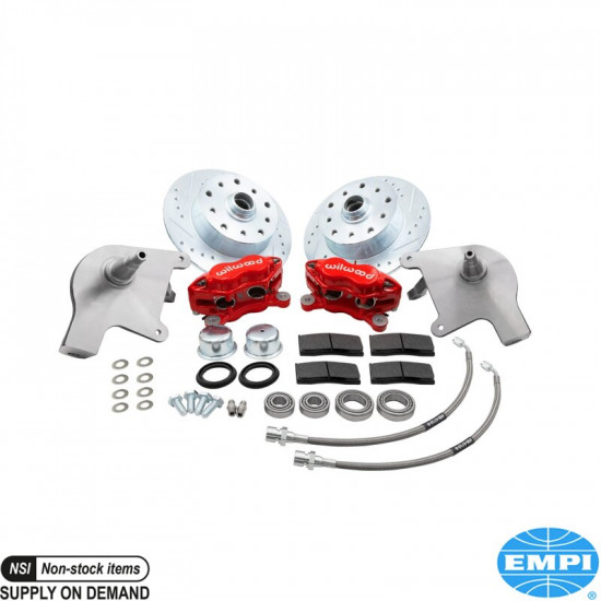 Disc brake conversion set, front, with drop spindle, with red powder coated 4 piston caliper, double drilled, 5x130 with 14x1,5 mm threads and 5x4 3/4" with 12x1,5 mm threads, Wilwood