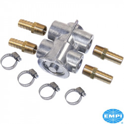 Oil thermostat with fitting and clamps. Mounts in-line and bypasses oil cooler until oil warms up to approximately 79 degrees