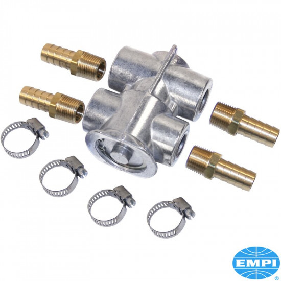 Oil thermostat with fitting and clamps. Mounts in-line and bypasses oil cooler until oil warms up to approximately 79 degrees