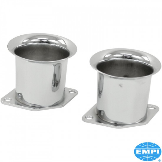 Chrome velocity stack set, 2 1/4", 2 pieces. Fits all Empi HPMX, IDF Weber and DRLA Dellorto carburetors. Aid in prevention of fuel stand-off and look great