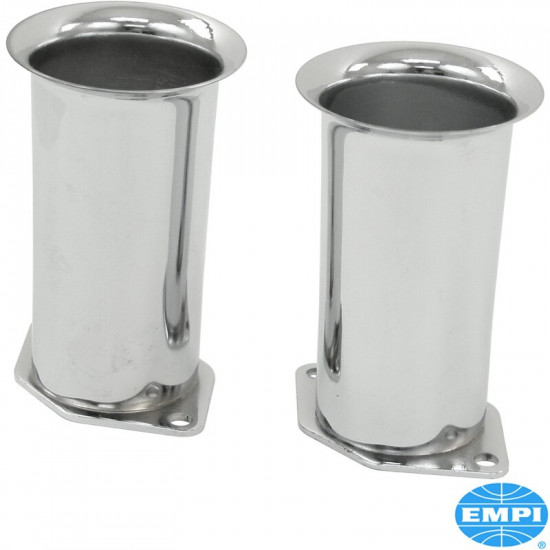 Chrome velocity stack set, 4", 2 pieces. Fits all Empi HPMX,IDF Weber and DRLA Dellorto carburetors. Aid in prevention of fuel stand-off and look great