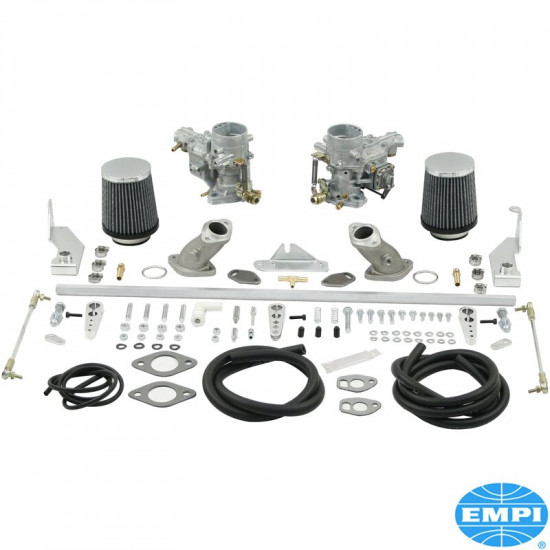 Dual carburetor kit, single port, Weber 34 ICT, with air cleaners. For upright engines