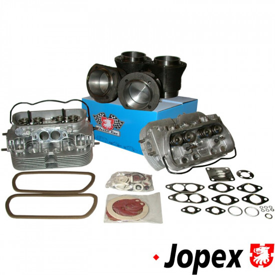 Engine kit, standard 85.5 mm, consists of: 2x new "040" cylinder head, dual port, complete w/32 mm exhaust- and 35.5 mm intake valves. 1x piston/cylinder set, 85.5 mm. 1x engine gasket set, single/dual port