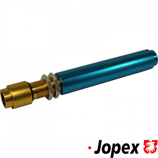 Push rod tube, adjustable, aluminium, blue/gold. Can be installed without removing the cylinder head. 8 pcs. needed