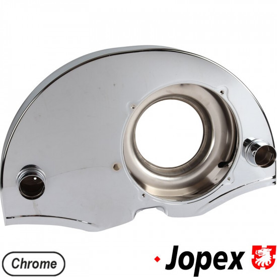 Fan shroud, chrome, "Doghouse" with air ducts. Incorporates the effective 36 HP style with the cooling system of the 1971 and later stock VW fan shroud