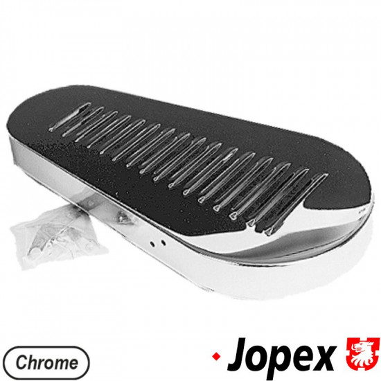 Chrome pulley guard, louvered and including mounting hardware. Protects against accidental contact with the fan belt and pulley