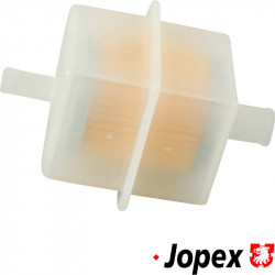Fuel filter, square, plastic housing, inlet Ø8 mm, outlet Ø12 mm