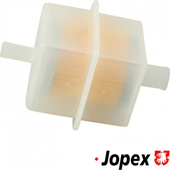 Fuel filter, square, plastic housing, inlet Ø8 mm, outlet Ø12 mm