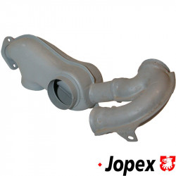 Exhaust pipe between heat exchanger and rear exhaust, left. Made of steel with grey paint