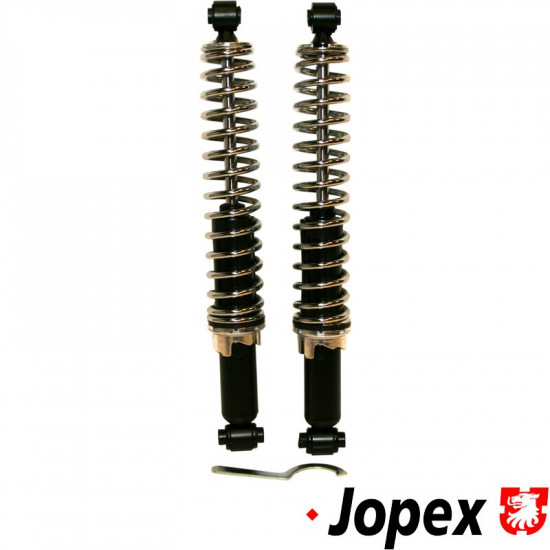 Coil-over shocks set, front/rear. Heavy duty shocks with chrome springs. Three position adjustment allows suspension to be set as required.
