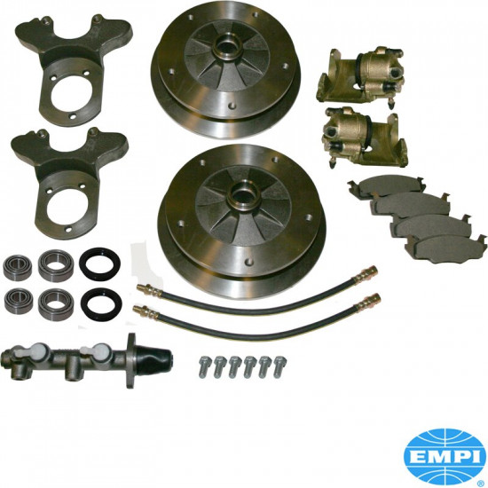 Front disc brake conversion kit, 5x205 mm. The kit includes all the parts you need to convert your VW to disc brakes. Will not work with drop spindles