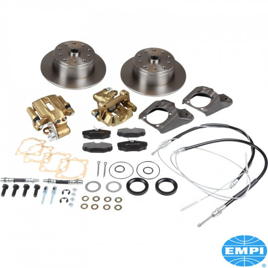 Disc brake conversion set, Deluxe, rear, double drilled, 5x130 with 14x1.5 mm threads and 5x4 3/4" with 12 mm threads, with emergency brake, for swing axle
