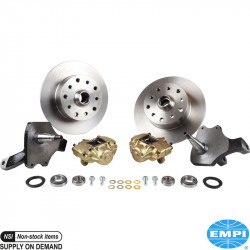 Disc brake conversion set, front, with drop spindle, double drilled, 5x130 with 14x1.5mm threads and 5x4.75" with 12mm threads, for ball joint. Requires 69- on style tie rod ends