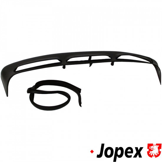 Rain shield for rear deck lid, black. This rear deck lid louvered cover prevents water from entering the engine compartment. Fits 4 vents deck lids. Comes with installation kit