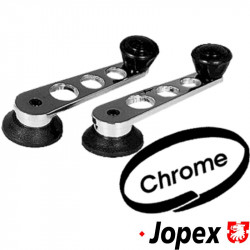Chrome window winders with black trim. Sold in pairs