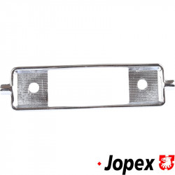 Radio cover plate, Heavy Duty casted metal, chrome. Prepared for moulding on dashboard