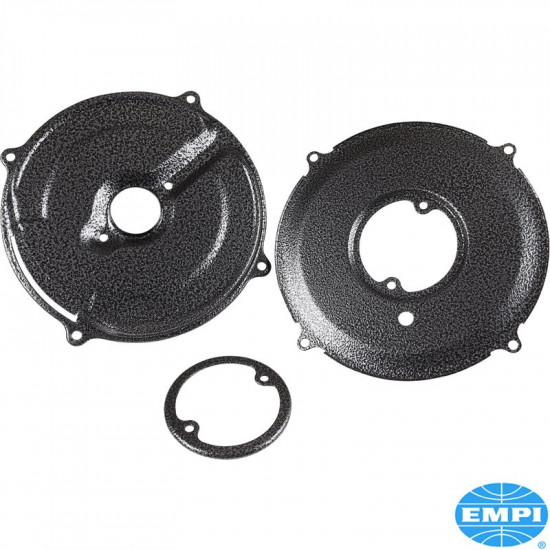 Backing plate set for alternator, 3-piece tin set. Includes outer and inner plate and flange