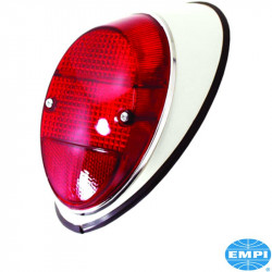 Tail light with red glass and white painted housing, left
