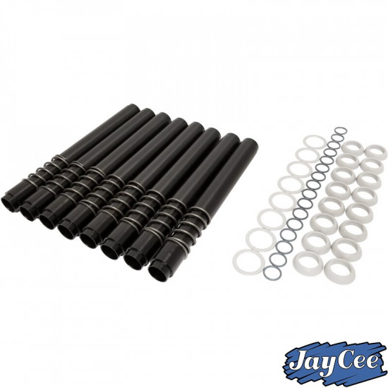 Leak-proof push rod tube set with seals, aluminium. With a larger inside than stock, they help clear push rods from interference. Set of 8