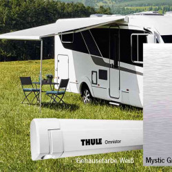 Thule Omnistor wall-mounted awning with motor, 4.5 m, white housing, Mystic Grey fabric